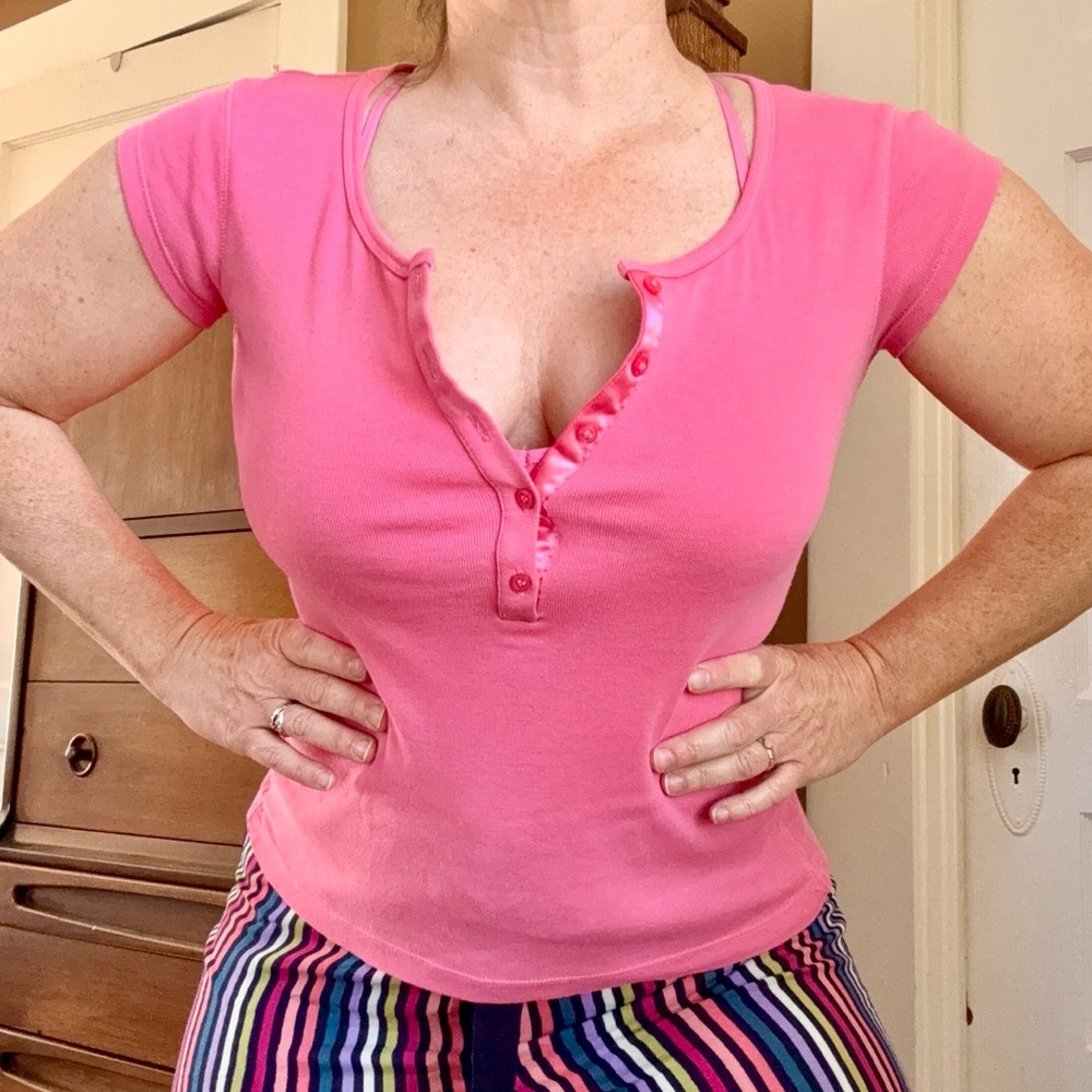 Bright Pink Button-Up Cotton Cap Sleeve Henley Top Sexy Comfy Spring Summer